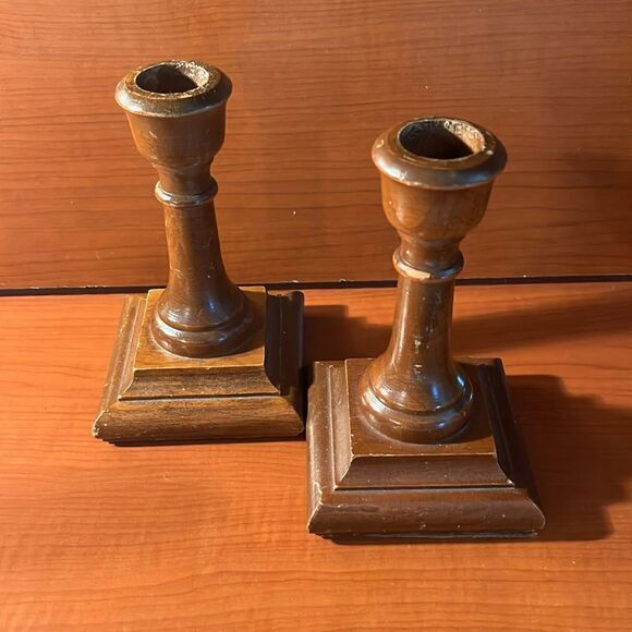 Set of (2) Brown Wooden Woodcrafters Candlestick Square Holders for Taper Candle - Picture 5 of 10